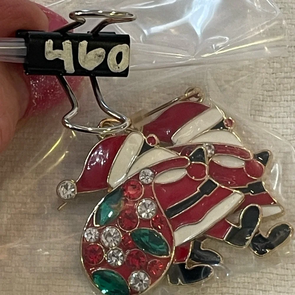 💐5/25 Santa enamel colorful silvertone Christmas earrings rhinestone gift bag